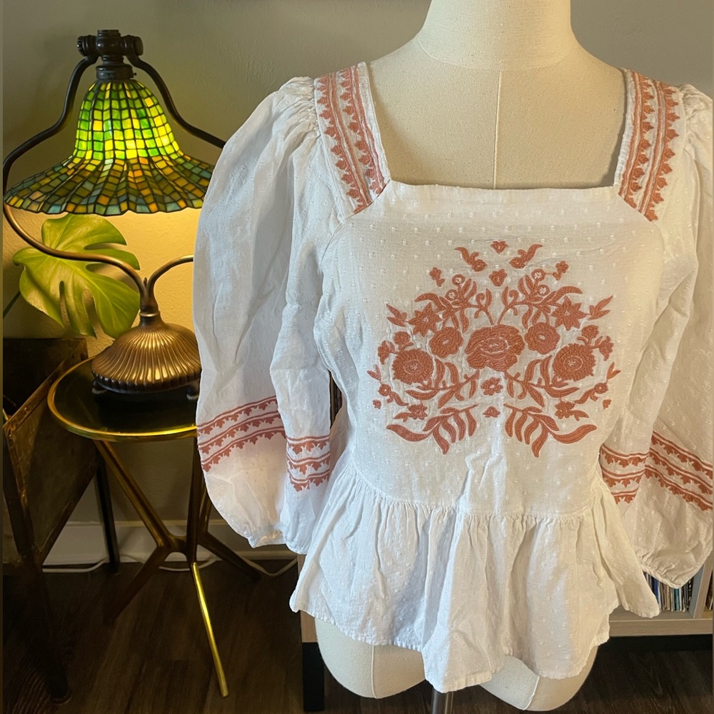 Pink Embroidery White Voluminous Sleeve Peasant Top